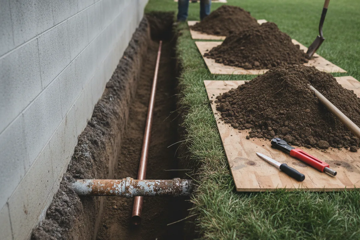 Excavated water line trench during Water Softener Installation in Avery Island